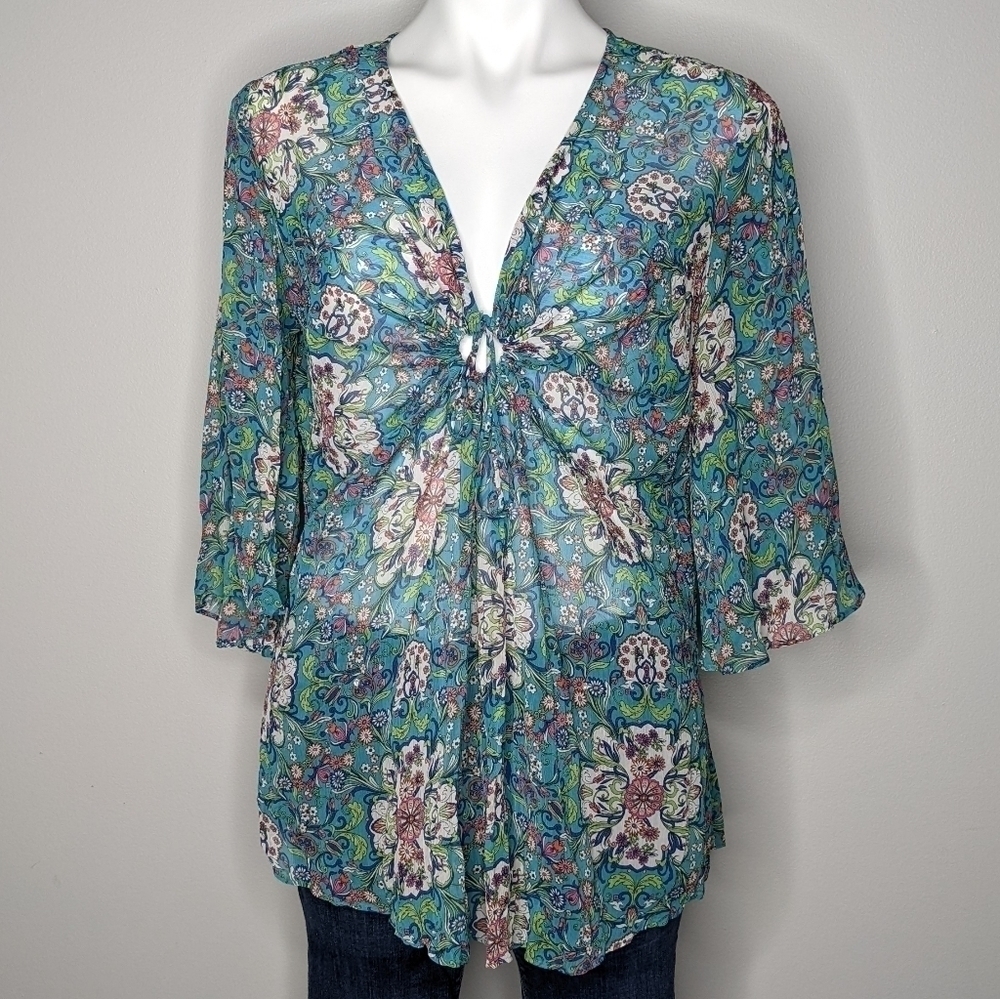 Bisou Bisou Floral V-Neck Top - Blue and Green